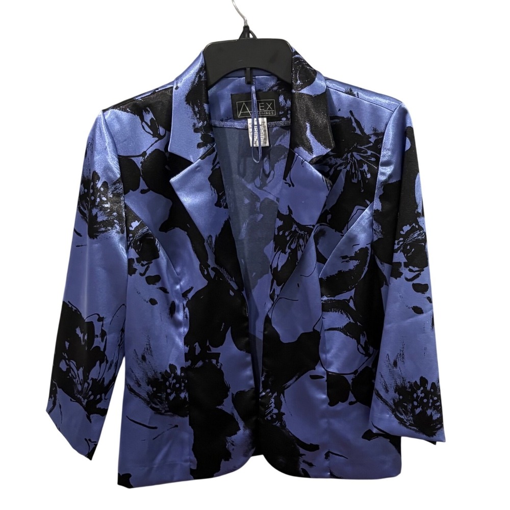 Corporate Grunge Fall Satin Floral Blazer Watercolor Shimmer Blue Black Jacket